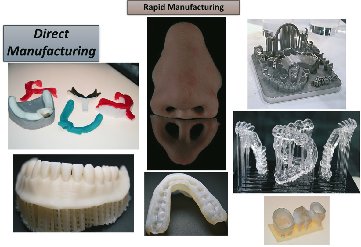 Abb. 8: Rapid Manufacturing von fertigen Bauteilen (=Werkstücken) für den sofortigen Einsatz am bzw. im Patienten. Beispiele sind individuelle Löffel, Totalprothesen, Epithesen, Metallgerüste, Schienen, provisorische Kronen oder Brücken.