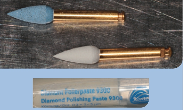 Abb. 34 u. 35: Zirkonoxid-Keramikpolierer und diamantierte Polierpaste für die finale Politur.