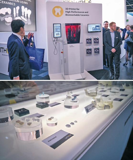 Abb. 14 u. 15: Den 3D-Druck von Zirkoniumdioxid stellte das Unternehmen Lithoz vor.