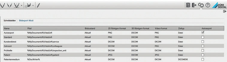 Abb. 16: Exporteinstellungen mit Default-Anzeige (Autoexport) in Vistasoft.