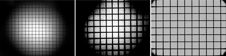 Abb. 4: Die objektive Vermessung von zahnärztlichen Lupen an einer optischen Fachhochschule ergab große Unterschiede zwischen den einzelnen Lupen. Das gleiche Raster fotografiert durch eine Galilei-Lupe (links, deklariert 2,8×) und zwei Kepler Lupen (Mitte und rechts, deklariert 3,5× resp. 3,6×). Zu beachten ist der Zusammenhang zwischen Arbeitsfeld und Vergrößerungsfaktor (links und rechts), aber auch der offensichtliche Qualitätsunterschied bei ähnlicher Vergrößerung (Mitte und rechts). Bei der Mehrheit der Lupen wurde eine Diskrepanz zwischen deklarierter und effektiver Vergrößerung gefunden [32].