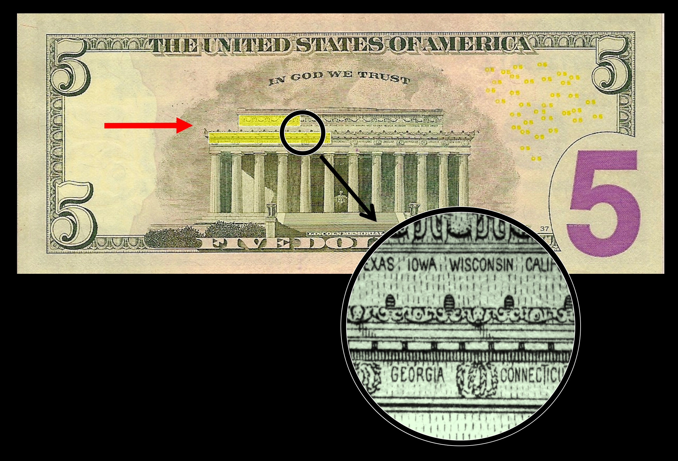 Abb. 6: Triage-Sehtest mit einer 5-$-Banknote. Die ersten fünf Namen in beiden
Zeilen im Fries sollen mit der Arbeitsbrille aus 30 cm Abstand unter einem OP-Licht
gelesen werden. Wer alle Staaten lesen kann, liegt im besten Viertel der Peergroup,
wer die Mehrheit (6–10) lesen kann, in deren besseren Hälfte. Wer gar nichts
entziffern kann, ist im letzten Viertel der Gruppe angesiedelt und sollte für die
klinische Tätigkeit dringend eine Lupe benutzen [40].