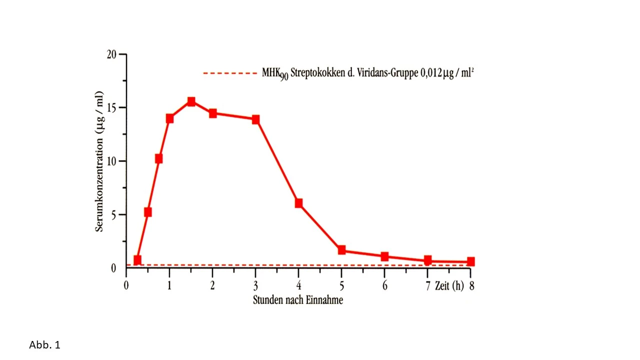 Abb. 1: Serumkonzentrationsverlauf nach Gabe von 1000 mg Amoxicillin (MHK: minimale Hemmkonzentration)
