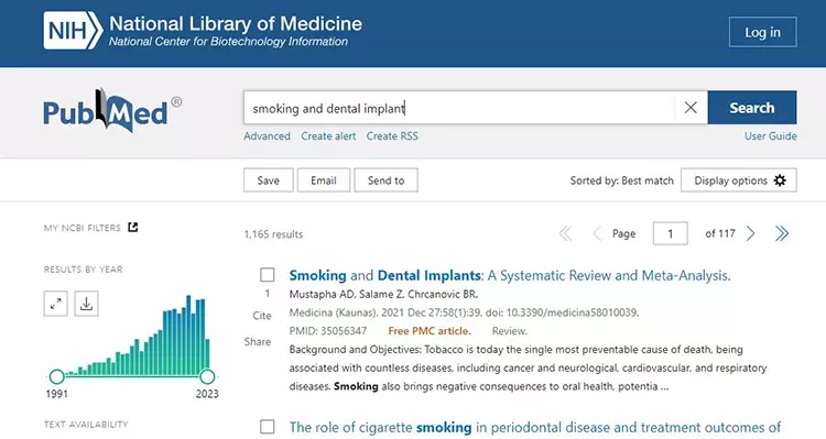 Abb. 1: Die Literatursuche in der Datenbank PubMed zeigt das stark zunehmende wissenschaftliche Interesse in Form von Publikationen zur Thematik des Tabakkonsums
und dessen Effekte auf die Erfolgsrate dentaler Implantate.