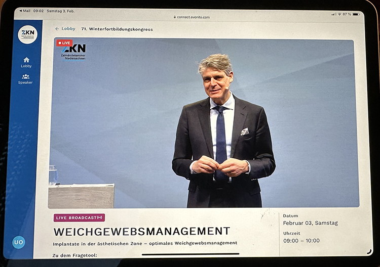 Tagungspräsident Prof. Dr. Thomas Attin (Zürich) führte gewohnt souverän und eloquent durch das spannende Programm. Einwandfreie Übertragung auf das Endgerät iPad….