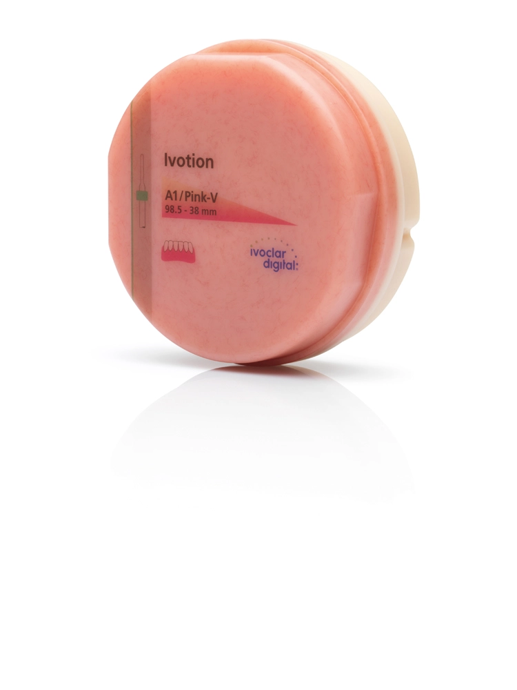 Abb. 1: Der neue hochinnovative Rohling „Ivotion“ (Ivoclar Vivadent, Schaan, FL) verbindet beide Prothesenanteile, also den Gingivabereich und den Bereich der Zähne, in einer Rohlingsgeometrie.