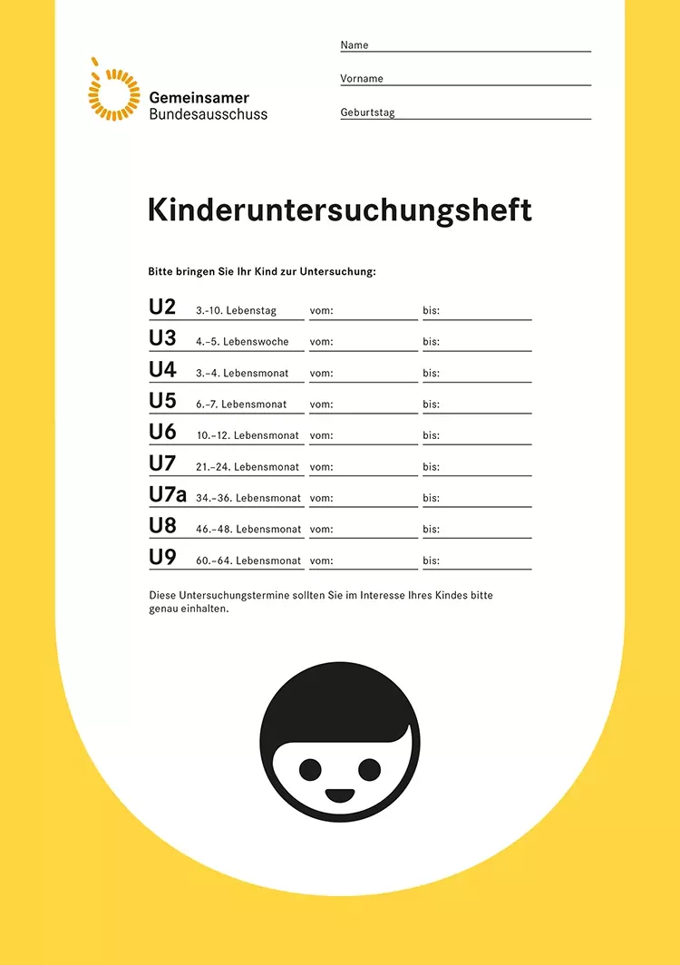 Abb. 1a, b: Das aktuelle gelbe Kinderuntersuchungsheft (a) enthält zusätzliche rechtsverbindliche Verweise
durch den Kinderarzt zur vertragszahnärztlichen Untersuchung beim Zahnarzt für Kinder vom 6. bis zum 64.
Lebensmonat in Form von Ankreuzfeldern für die U 5-9 (b).