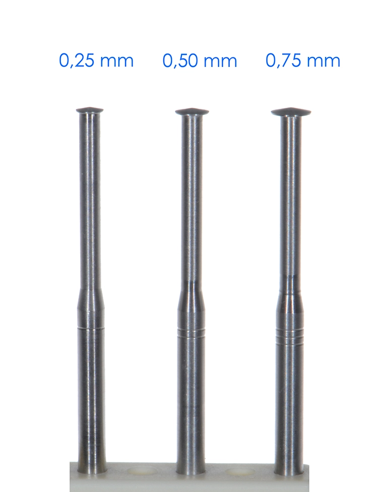 Abb. 3: Die Messteller nach Ney haben 3 verschiedene Tellerrandbreiten (0,25 mm, 0,50 mm und 0,75 mm).