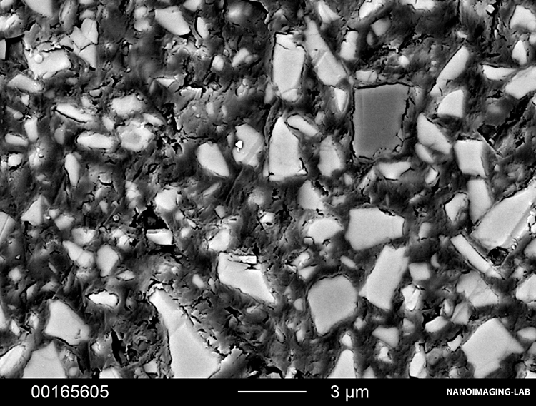 Abb. 3: Typische Gefüge dentaler Befestigungsmaterialien. Füller (hell) sind in eine Kunstharzmatrix (dunkel) eingebettet. a: Panavia V5 (Kuraray Noritake Dental).