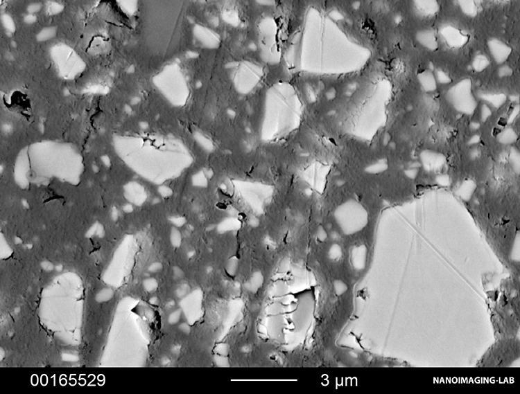 Abb. 3: Typische Gefüge dentaler Befestigungsmaterialien. Füller (hell) sind in eine Kunstharzmatrix (dunkel) eingebettet. b: Panavia SA (Kuraray Noritake Dental).