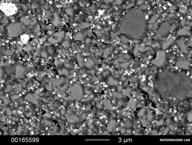 Abb. 3: Typische Gefüge dentaler Befestigungsmaterialien. Füller (hell) sind in eine Kunstharzmatrix (dunkel) eingebettet. c: Multilink Automix (Ivoclar Vivadent).
