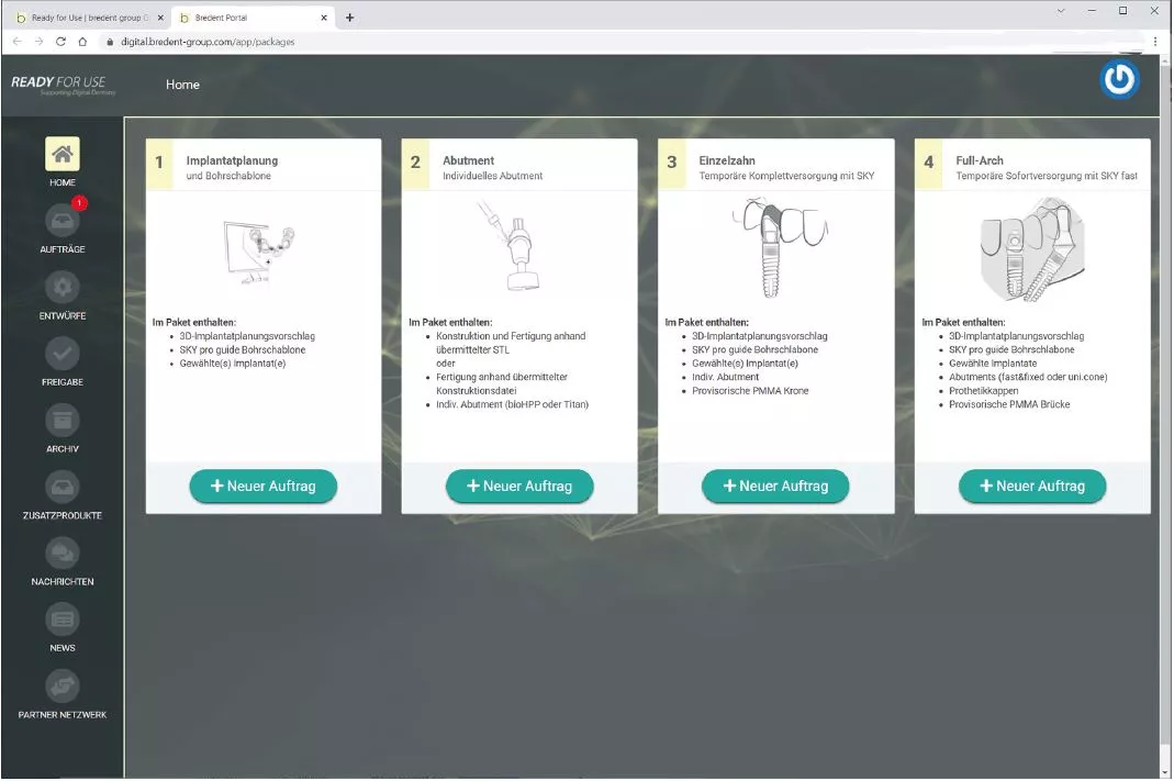 Abb. 4: Auswahl des digitalen Behandlungspakets in der Kommunikationsplattform (Ready For Use, Bredent Medical, Senden).