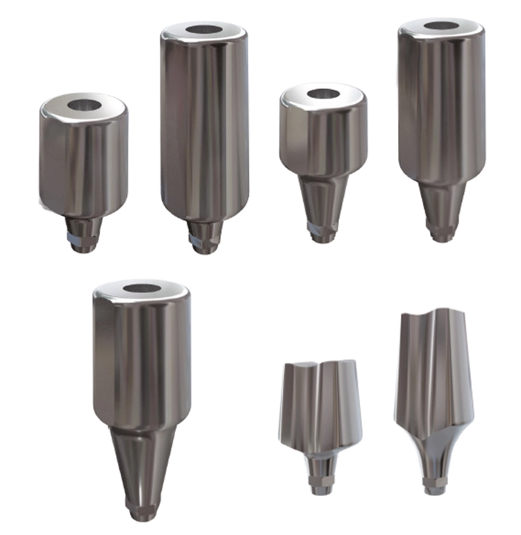 Abb. 6: Die „massiven Abutments“ werden im Mund definitiv fixiert, mit NEM-Bohrern und Wasserkühlung nachpräpariert und wie ein natürlicher Zahn abgeformt.