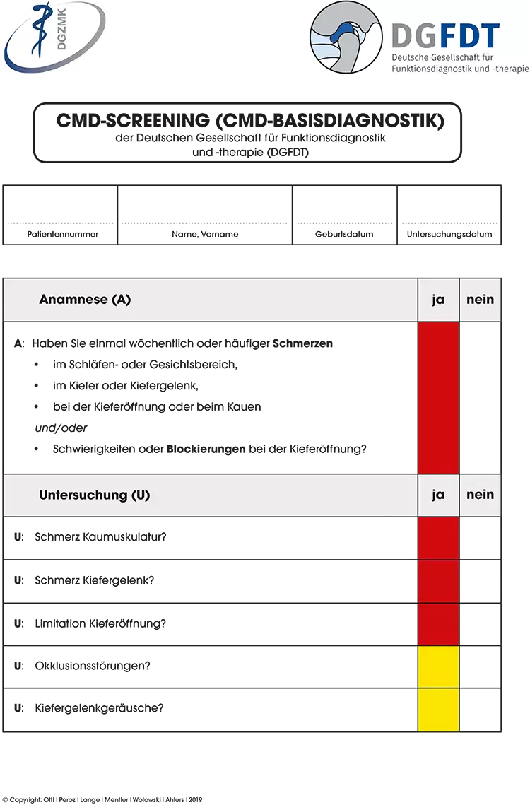 Abb. 1: Der Untersuchungsbogen „CMD-Screening“ der DGFDT stellt einen Vorschlag seitens der Fachgesellschaft für den Umfang und die Durchführung des „CMD-Checks“ dar. Er ist unter www.dgfdt.de kostenfrei abrufbar.