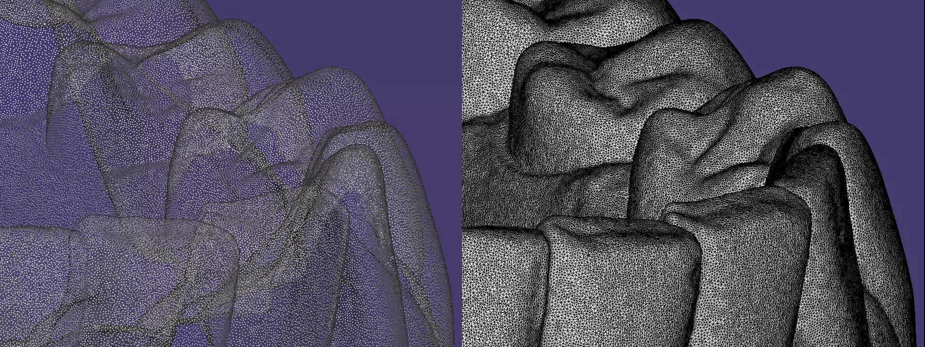 Abb. 1: Punktewolke links und verbundene Punkte zu einem Dreicksnetz (= Triangulation) rechts.