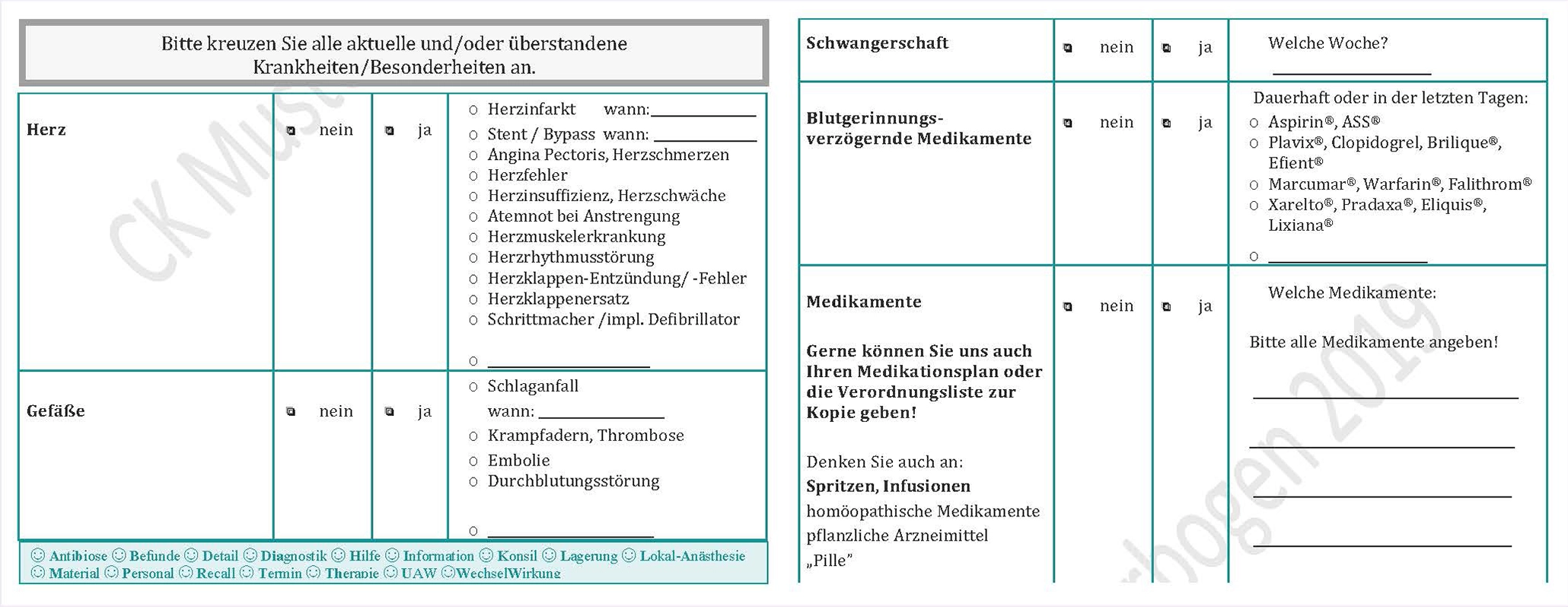 Abb. 2: Ausschnitte aus dem Lehr-Anamnese-Bogen 2019 von Dr. Catherine Kempf.
