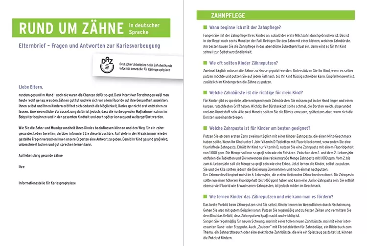 Der neue Elternbrief beantwortet alle wichtigen Fragen von Eltern rund um die Zahngesundheit und kann von Praxen und Einrichtungen an Eltern abgegeben werden.