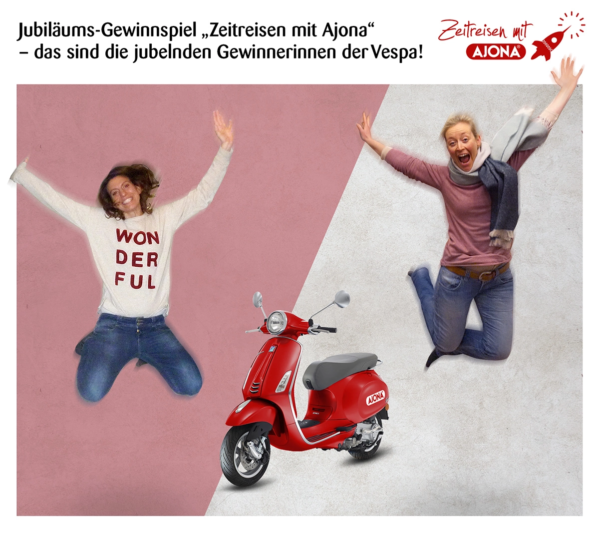 Die Ajona Zeitreise-Gewinnerinnen freuen sich über den kleinen roten Ajona Vespa-Roller.