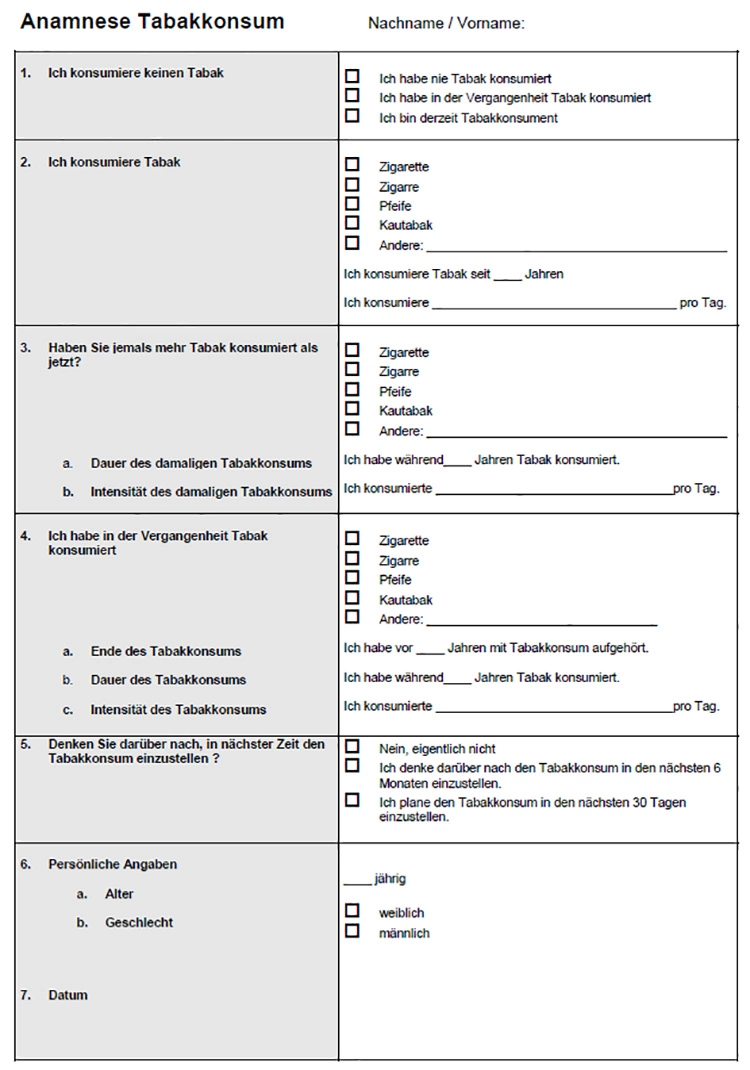 Abb. 3: Die Tabakkonsumanamnese sollte idealerweise zu Beginn und auch im Verlauf der Therapie immer wieder erhoben werden. Wichtig ist, nach aktuellem und
ggf. weiter zurückliegendem Zigarettenkonsum zu fragen. Für eine Abschätzung des Risikos Tabakkonsum-assoziierter Erkrankungen ist es ferner wichtig zu wissen,
wie viele Zigaretten täglich und seit wann geraucht werden.