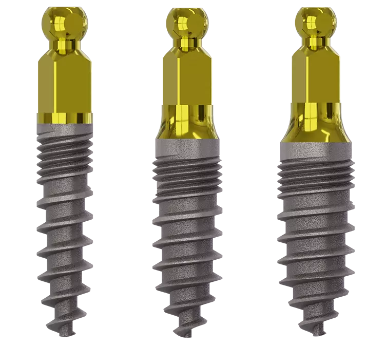 Abb. 2: Champions Kugelkopf-Implantate sind in den Durchmessern 2,5 / 3,0 / 4,0 und in den Längen 8 / 10 / 12 / 14 / 16 mm verfügbar.