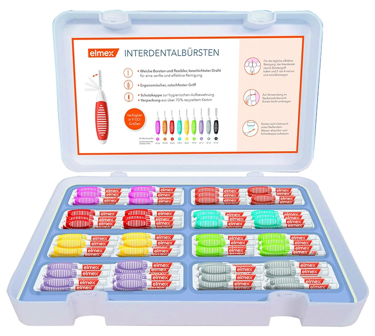 Aufbewahrungsbox mit über 170 elmex® Interdentalbürsten.