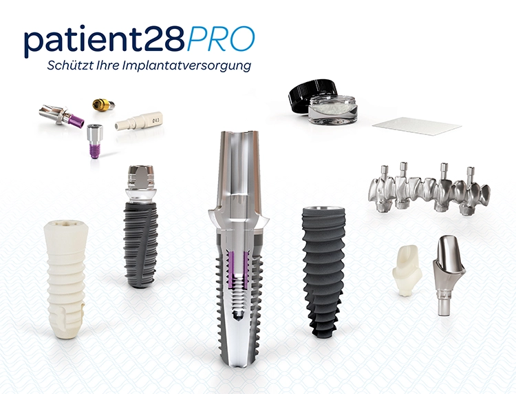 patient28PRO ist die umfangreiche Garantie für Ihre Implantatversorgung. Im Falle eines Implantatverlusts steht das komplette BioHorizons Camlog Portfolio inkl. Knochenaugmentationsmaterialien für eine Neuversorgung zur Verfügung.