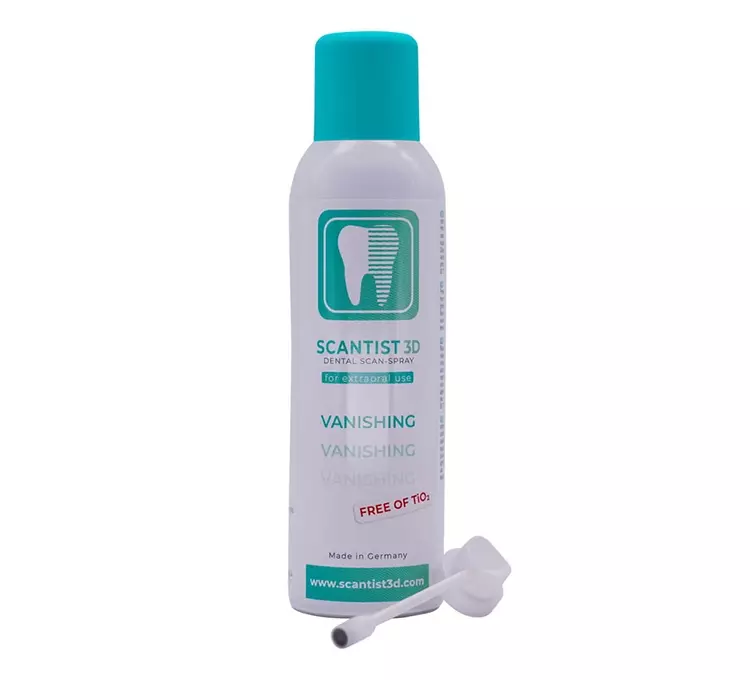 Abb. 11: Ein selbst-verflüchtigendes, Titandioxid-freies, extraorales 3D Scan Spray.