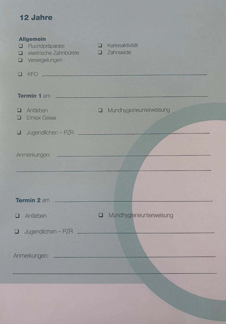 Abb. 4: Ausschnitte aus dem Prophylaxepass für die Altersgruppe 6 bis 11 Jahre bzw. 12 bis 16 Jahre.