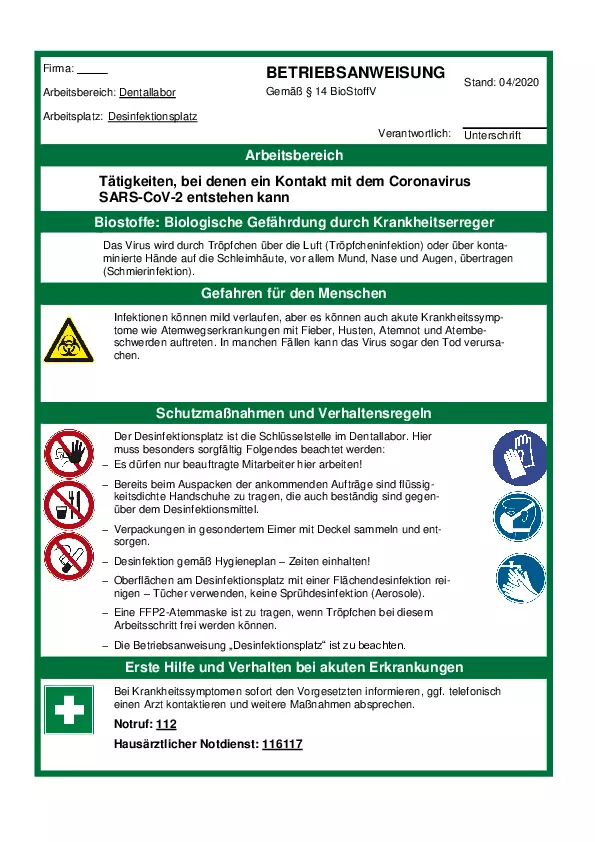 Betriebsanweisung für Tätigkeiten, bei denen ein Kontakt mit Coronavirus SARS-CoV-2 entstehen kann (für eine vergrößerte Darstellung bitte anklicken).