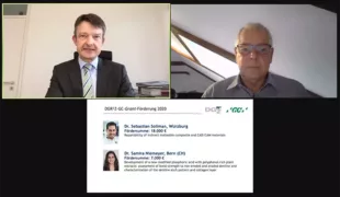 DGR²Z Preisverleihung an Dr. Sebastian Soliman, Würzburg, und Dr. Samira Niemeyer, Bern, durch Prof. Wolfgang Buchalla, Präsident der DGR2Z, und Christian Kasperek, Head of Professional Services bei GC.
