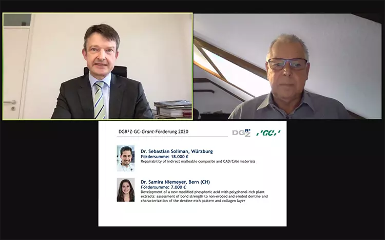 DGR²Z Preisverleihung an Dr. Sebastian Soliman, Würzburg, und Dr. Samira Niemeyer, Bern, durch Prof. Wolfgang Buchalla, Präsident der DGR2Z, und Christian Kasperek, Head of Professional Services bei GC.