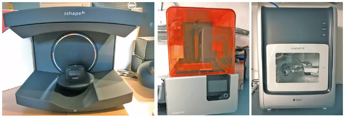 Abb. 16–18: Unsere Hardware-Ausstattung von links nach rechts: E3-Scanner von 3Shape mit „Full-Restauration“-Software. Für die Modellherstellung und weitere Konstruktionen dienen uns der Formlabs 2-Drucker sowie die Fräsmaschine MCX5 (Dentsply Sirona) mit dem kompletten InLab-Software-Paket.