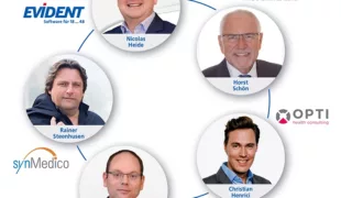 Die Namen der Geschäftsführer im Uhrzeigersinn beginnend um 12 Uhr: Nicolas Heide: EVIDENT GmbH, Horst Schön: TeamFaktor GmbH, Christian Henrici: OPTI health consulting, Steffen Konrad: VisionmaxX GmbH, Rainer Steenhusen: synMedico GmbH.