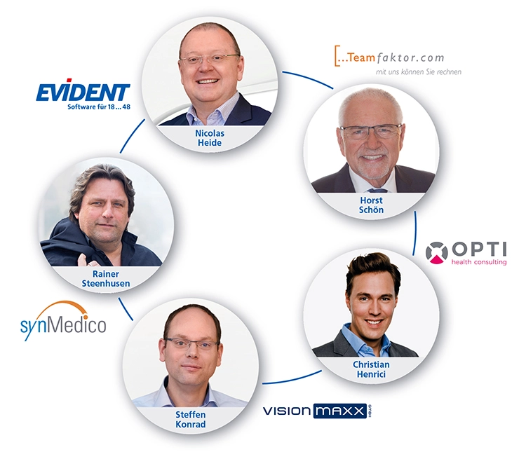 Die Namen der Geschäftsführer im Uhrzeigersinn beginnend um 12 Uhr: Nicolas Heide: EVIDENT GmbH, Horst Schön: TeamFaktor GmbH, Christian Henrici: OPTI health consulting, Steffen Konrad: VisionmaxX GmbH, Rainer Steenhusen: synMedico GmbH.