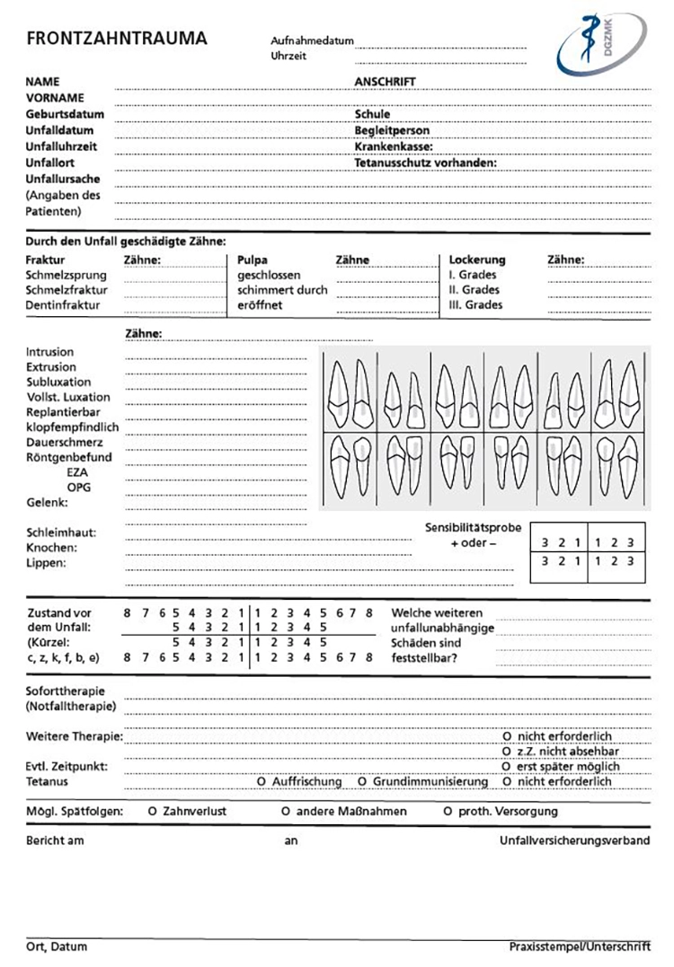 Abb. 1: Traumadokumentationsbogen – Formular zur systematischen Befragung und Dokumentation. (Download unter: https:/www.dgzmk.de/documents/10165/3503862/MK_02.06.21_Frontzahntrauma.pdf/dedef9f3-447c-4965-821f-514c98f1c619)