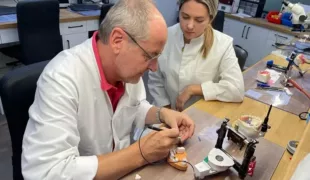 Tatjana Mamic und Betriebsleiter Frank Liewald bei zahntechnischen Arbeiten.