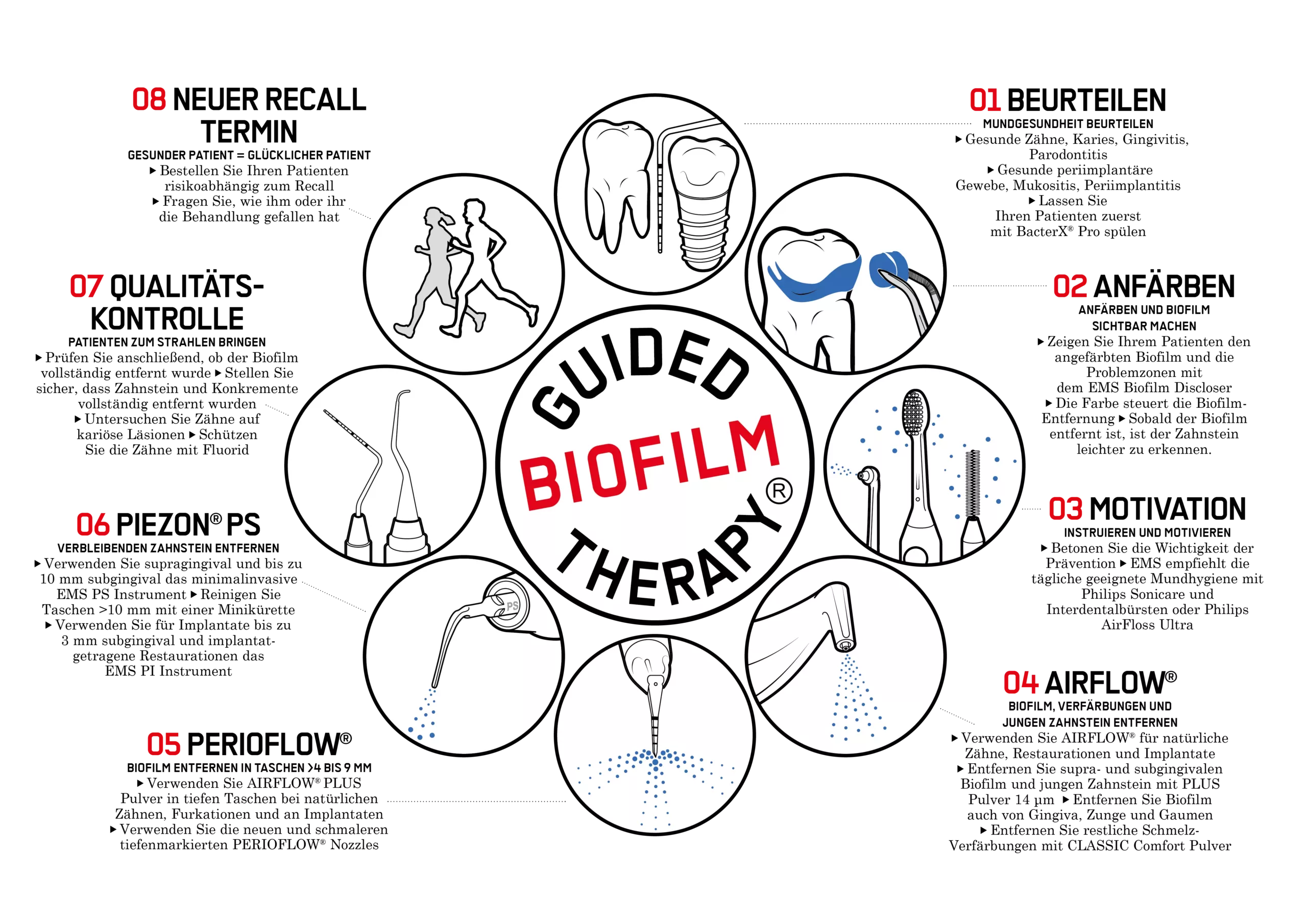 Abb. 1: Die 8 Schritte der Guided Biofilm Therapy (GBT): Jede Sitzung beginnt mit Anamnese und Diagnose (1), Anfärben (2) und Mundhygiene-Instruktion (3). Die letzten beiden Punkte beziehen sich direkt oder indirekt (auch) auf häusliche Maßnahmen.