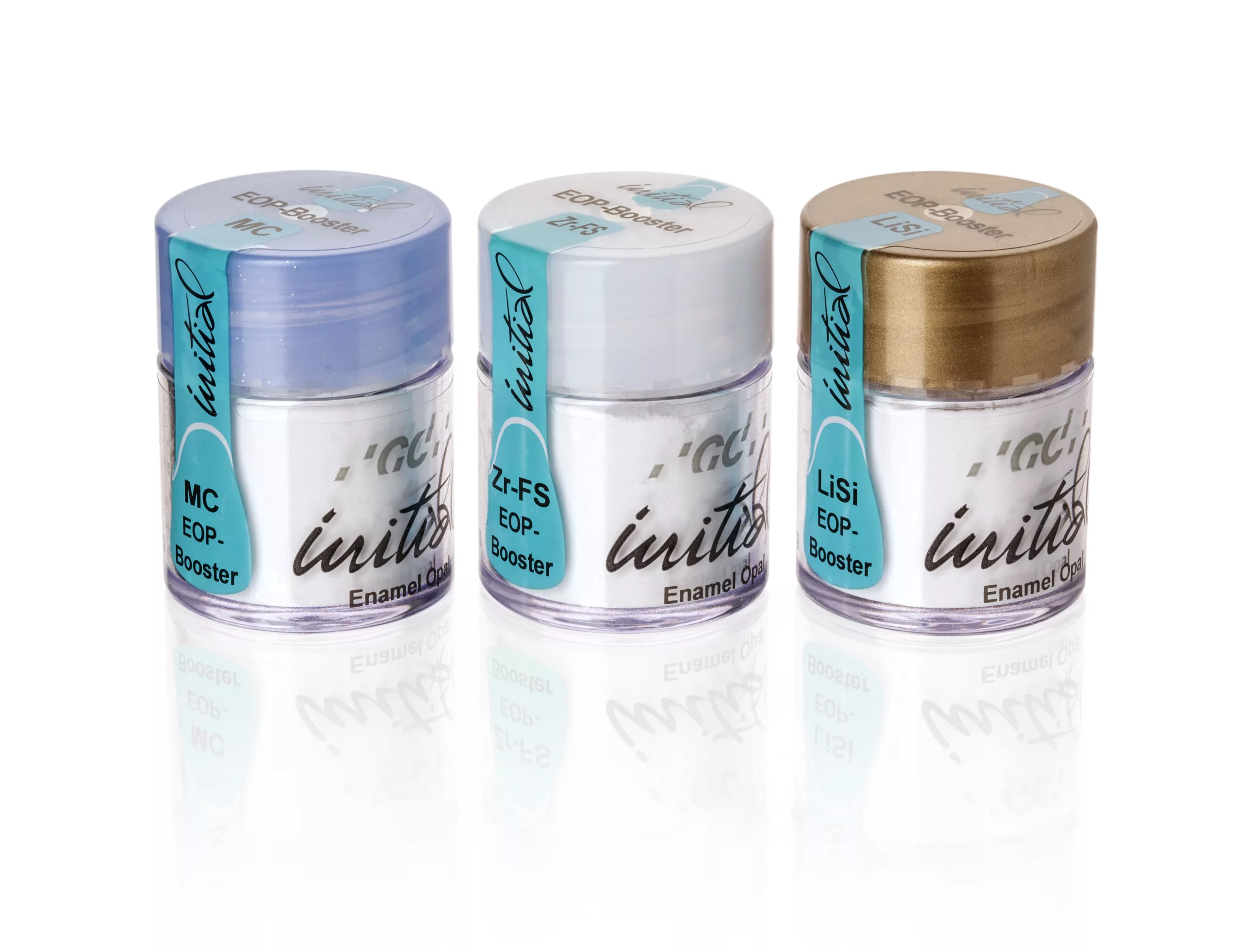 Die GC Initial Enamel Opal Booster können pur angewendet oder mit den GC Initial Enamel-Massen gemischt werden und dienen zur Verstärkung der opaleszenten Eigenschaften des Schmelzes.