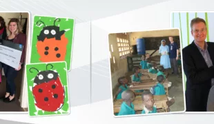Gewinnübergabe-Bilder an die Praxis Köhler (links) und die Praxis Hermeler (rechts) sowie ein Bild vor Ort in der Schule in Ghana (Mitte).