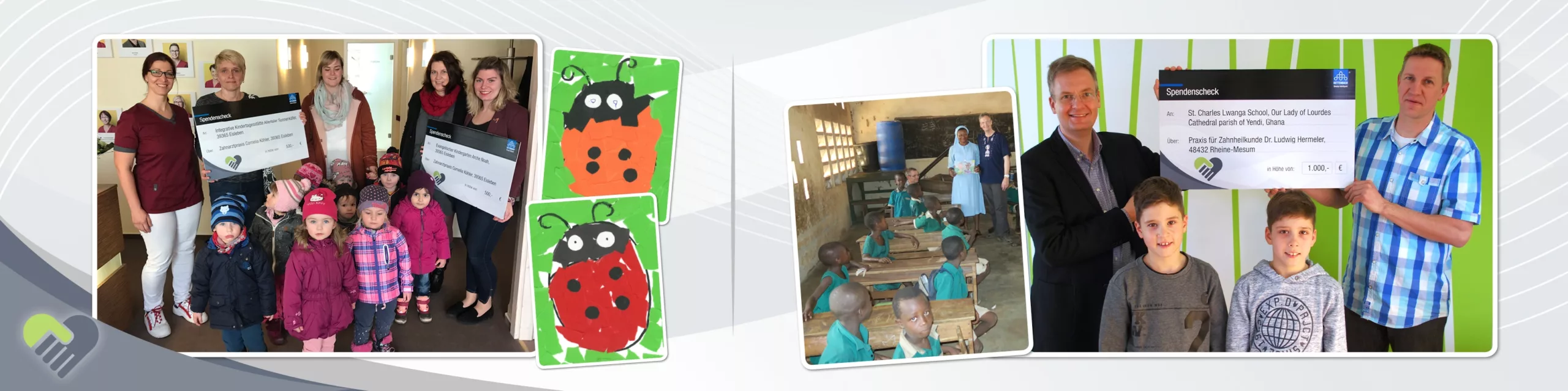 Gewinnübergabe-Bilder an die Praxis Köhler (links) und die Praxis Hermeler (rechts) sowie ein Bild vor Ort in der Schule in Ghana (Mitte).