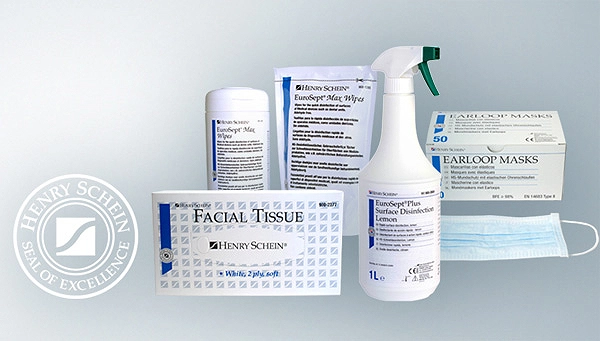 Eine Auswahl an Produkten der Henry Schein Eigenmarke, alle gekennzeichnet mit dem „Seal of Excellence“.