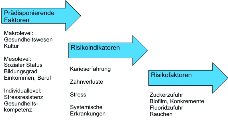 Abb. 3: Verschiedene Parameter und Parameterebenen, die von Risikobestimmungssystemen aufgegriffen werden. Prädisponierende Faktoren wirken nicht direkt auf eine Erkrankung, sondern setzen den „Rahmen“, innerhalb dessen
Risiken stattfinden. Risikoindikatoren zeigen vergangene Risikoerfahrung oder
aktuelle Risiken an, die nicht direkt kausal mit einer Erkrankung in Verbindung
stehen. Risikofaktoren sind kausal mit einer Erkrankung verbunden. Modifiziert
aus [27].