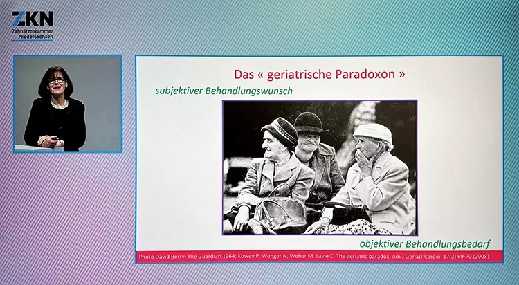 Abb. 1: Das geriatrische Paradoxon hat Einfluss auf den Behandlungsstart
(Handyfoto des PC-Bildschirms zum Vortrag von Prof. Dr. Dr. h.c. Frauke Müller).