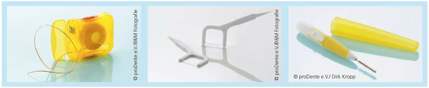 Abb. 7a–c: Verschiedene Arten der auf dem Markt erhältlichen Interdentalraumhygieneprodukte.