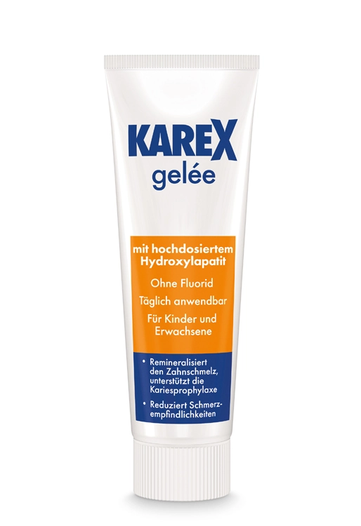 Karex gelée ist ein Gel zur Remineralisation von Zahnschmelz, Unterstützung der Kariesprophylaxe und Reduktion von Schmerzempfindlichkeiten.