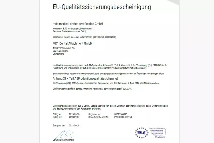 EU-Qualitätssicherungsbescheinigung für MK1 .