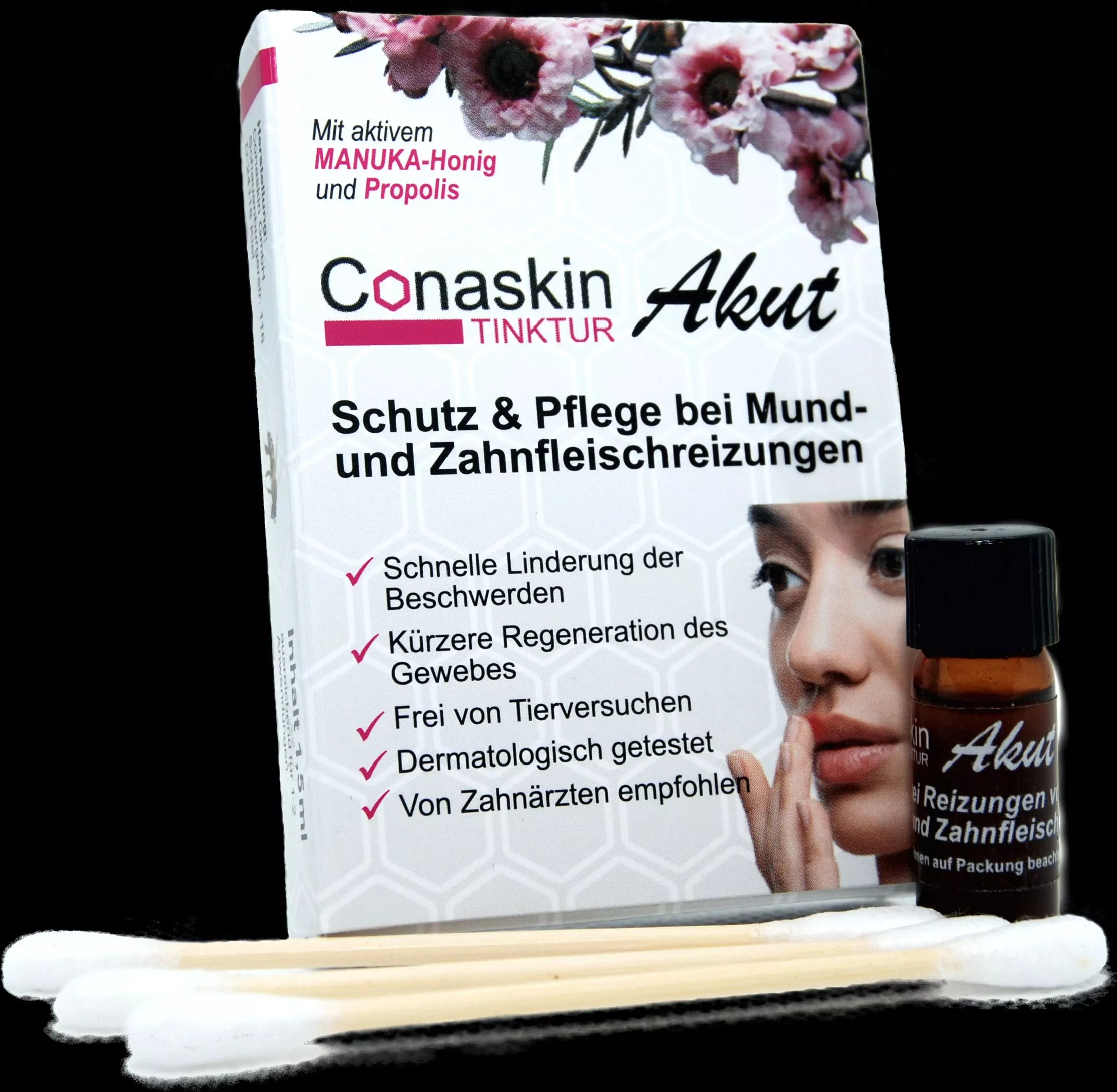 Umweltschonende Bambus-Wattestäbchen zum Auftragen liegen der Packung Conaskin Tinktur Akut bei.