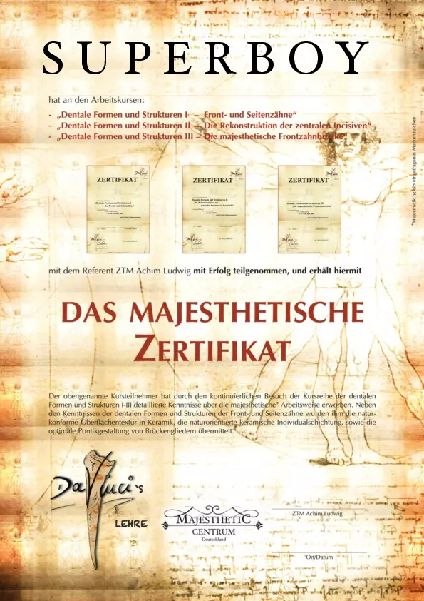 Musterzertifikat zum Majesthetiker.