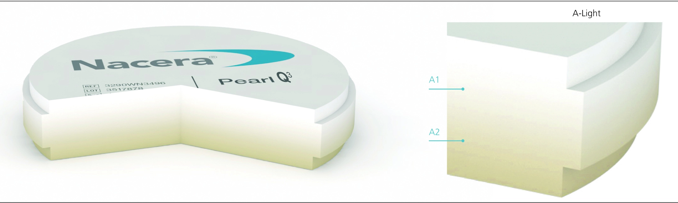 Erhältlich sind die neuen Nacera® Pearl Q³ Zirkonoxid Blanks in A – C (Light und Dark).