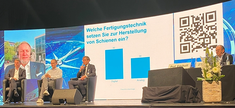 Podiumsdiskussion nach den Vorträgen von Prof. Dr. Bernd Kordaß (online zugeschaltet), Dr. Bruno Imhoff (rechts) und Prof. Dr. Marc Schmitter (mitte), daneben ADT-Präsident Prof. Dr. Daniel Edelhoff und Vizepräsident ZTM Wolfgang Weisser (ganz links). Im Hintergrund die Zwischenergebnisse einer live TED-Umfrage nebst zugehörigem QR-Code.